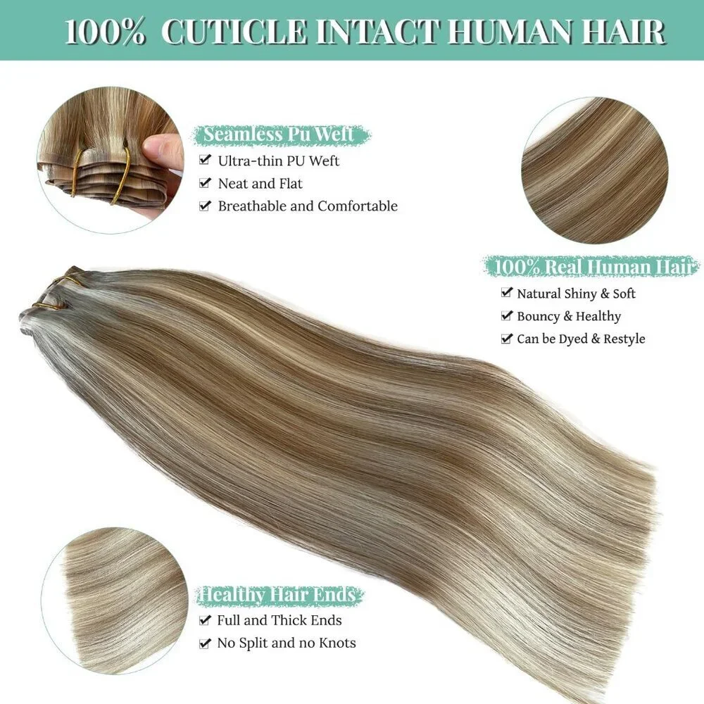 Seamless Clip in Hair Extensions Human Hair Blonde Balayage 18 Inch